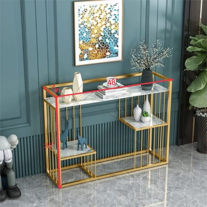 New Console Table in Golden Finish with Laminated Marble Effect Wood Top For Living Room, Hallway & Entryway Table SF Traders