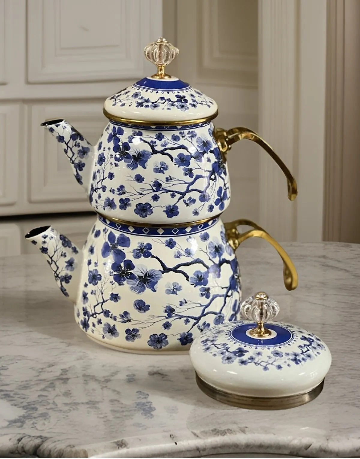 Amara Double Cover Enamel Teapot Set, Blue Flower Pattern Enamel