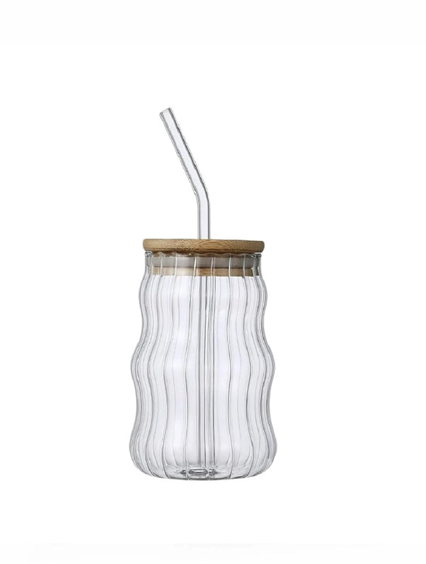 Round Glass Coffee Sipper with Wooden Lid & Straw 500 Ml